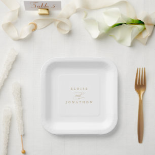 Modern calligraphy timeless gold and white wedding paper plate