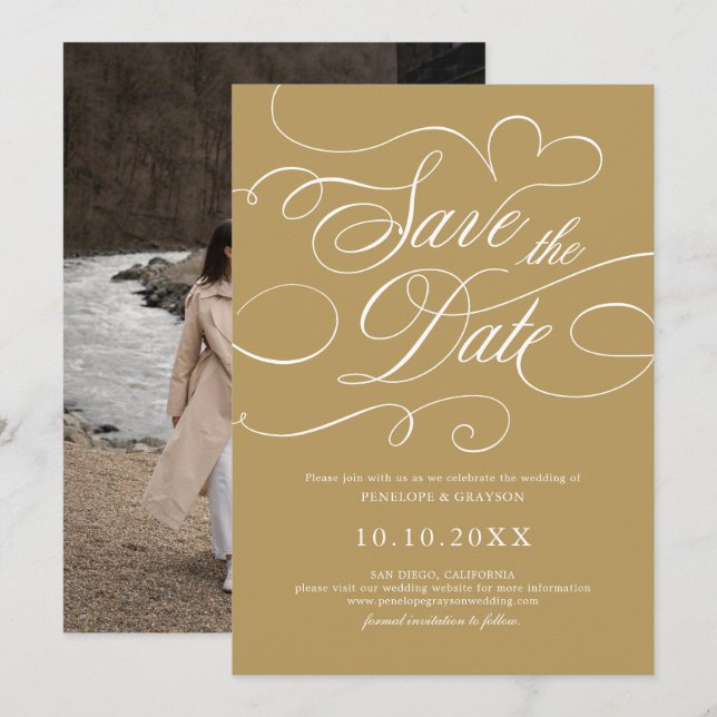 Modern calligraphy timeless gold and white wedding save the date (Front/Back)