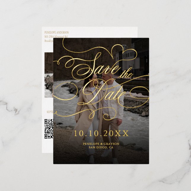 Modern calligraphy timeless gold Save the Date Foil Holiday Postcard (Front/Back)