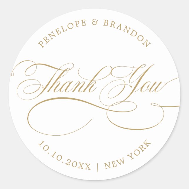 Modern calligraphy timeless gold wedding thank you classic round sticker (Front)