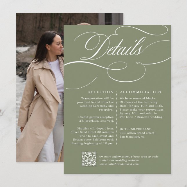 Modern Calligraphy Timeless Sage Green Wedding Enclosure Card (Front/Back)