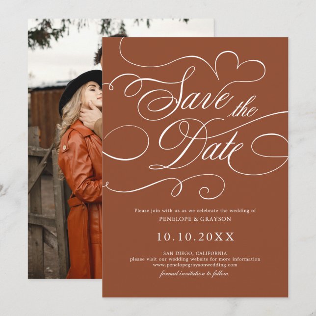 Modern Calligraphy Timeless Terracotta Photo Save The Date (Front/Back)