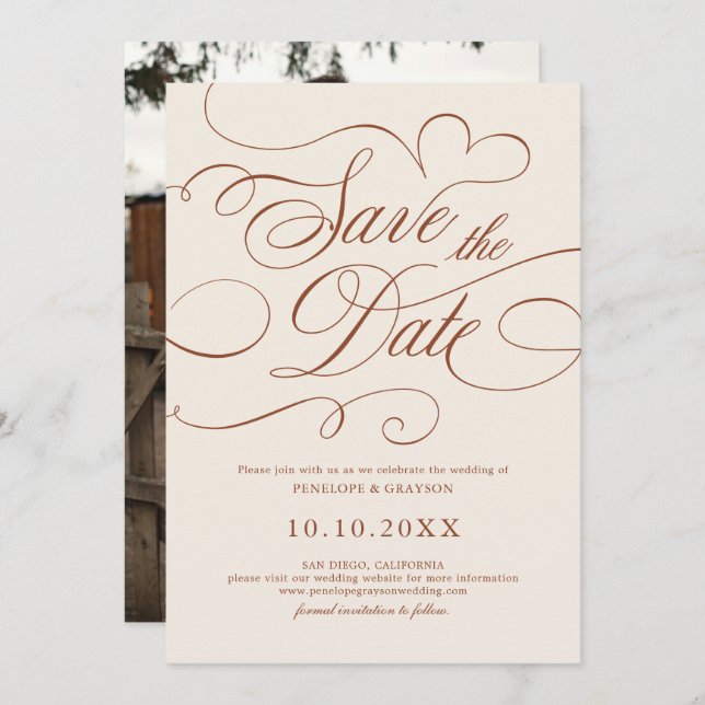 Modern Calligraphy Timeless Terracotta Photo Save The Date (Front/Back)