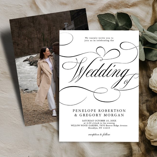 Modern calligraphy timeless White Black  wedding Invitation (Modern calligraphy timeless black and white photo wedding invitation)