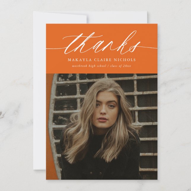 Modern Calligraphy Two Photo Orange Graduation Thank You Card (Front)