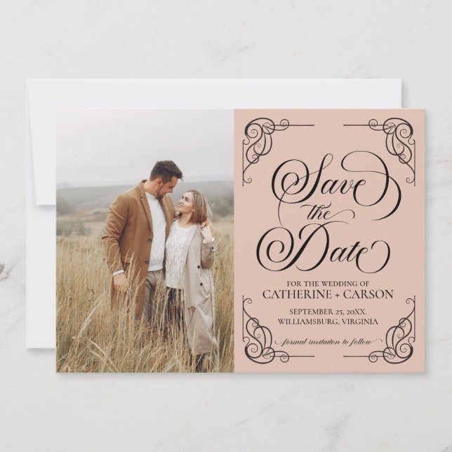 Modern Calligraphy Vintage Photo Beige Save The Date (Front)