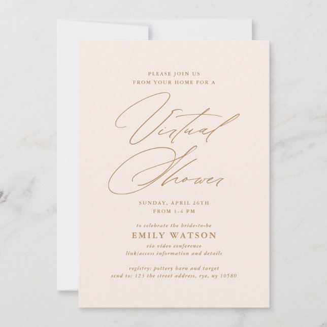 Modern Calligraphy Virtual Bridal Shower Gold Invitation (Front)