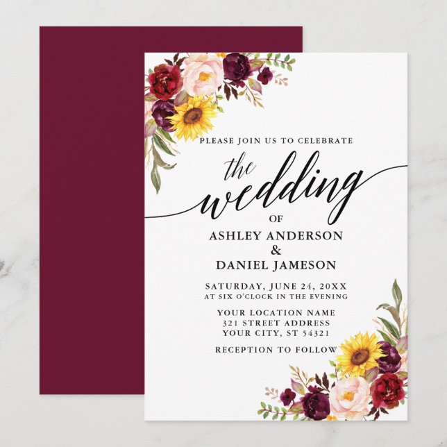Modern Calligraphy Watercolor Mixed Floral Wedding Invitation (Front/Back)