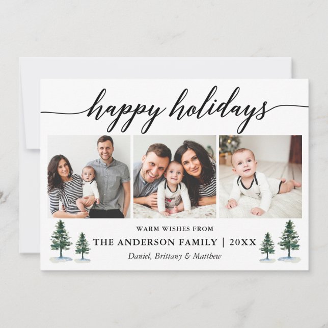 Modern Calligraphy Watercolor Pines 3 Photo Holiday Card (Front)