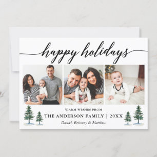 Modern Calligraphy Watercolor Pines 3 Photo Holiday Card