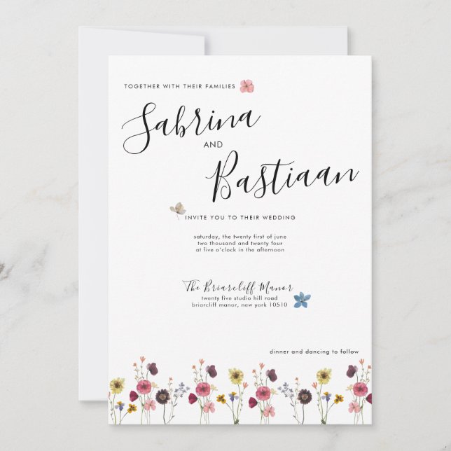 Modern Calligraphy Watercolor Wildflowers Wedding Invitation (Front)