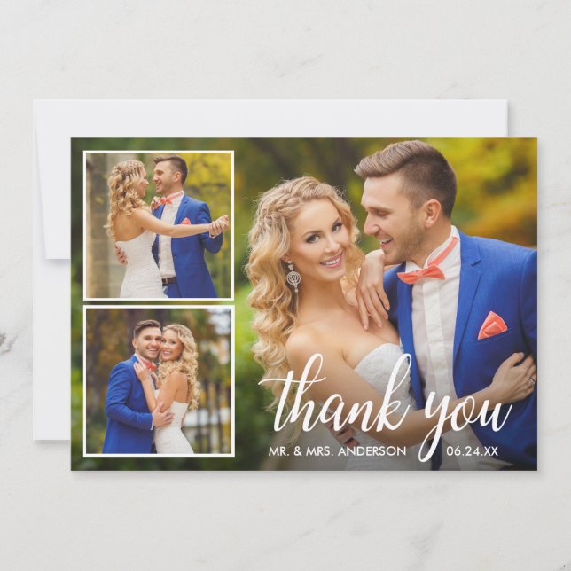 Modern Calligraphy Wedding 3 Photo Collage Thank You Card (Front)