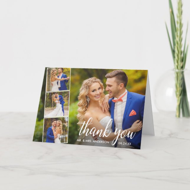 Modern Calligraphy Wedding 4 Photo Collage Fold Thank You Card (Front)