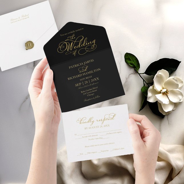 Modern Calligraphy Wedding Black And Gold All In One Invitation (Creator Uploaded)