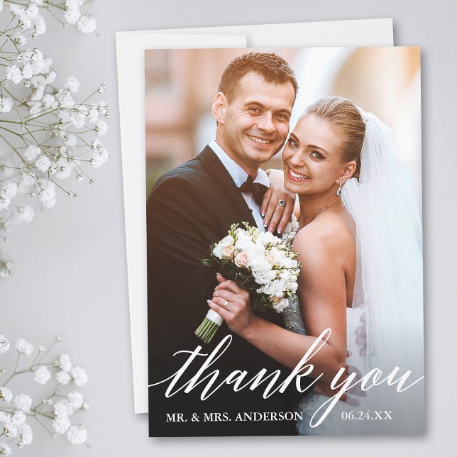 Modern Calligraphy Wedding Bride and Groom Photo Thank You Card (Customize to add text or more photos to back of card.)