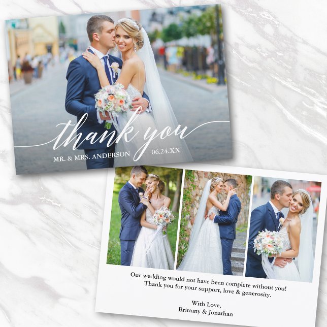 Modern Calligraphy Wedding Bride Groom 4 Photo Thank You Card (Customize to change your personalized text size or text style.)
