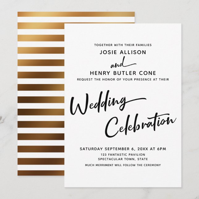 Modern Calligraphy Wedding Celebration Gold Stripe Invitation (Front/Back)