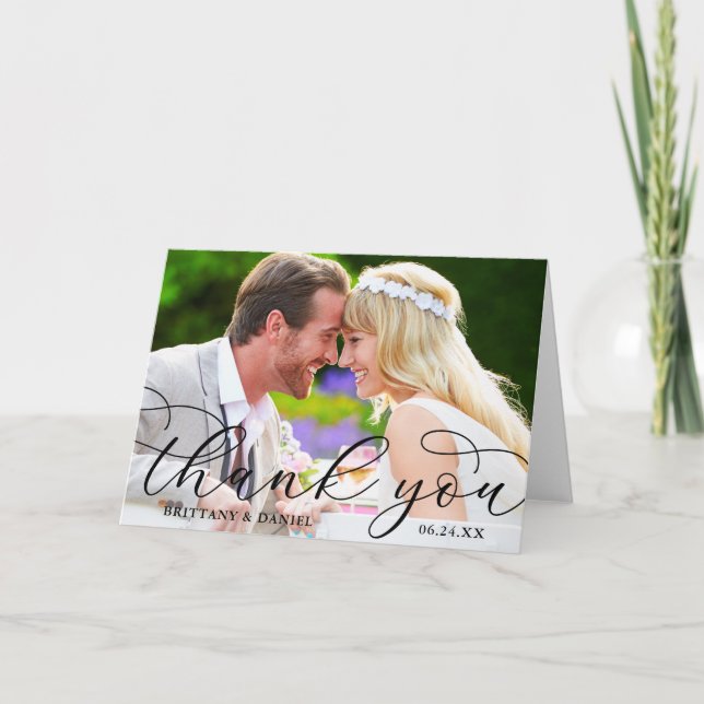 Modern Calligraphy Wedding Couple Photo Fold Thank You Card (Front)