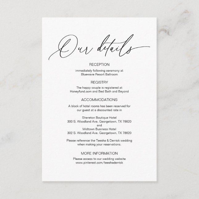 Modern Calligraphy, Wedding Details information En Enclosure Card (Front)