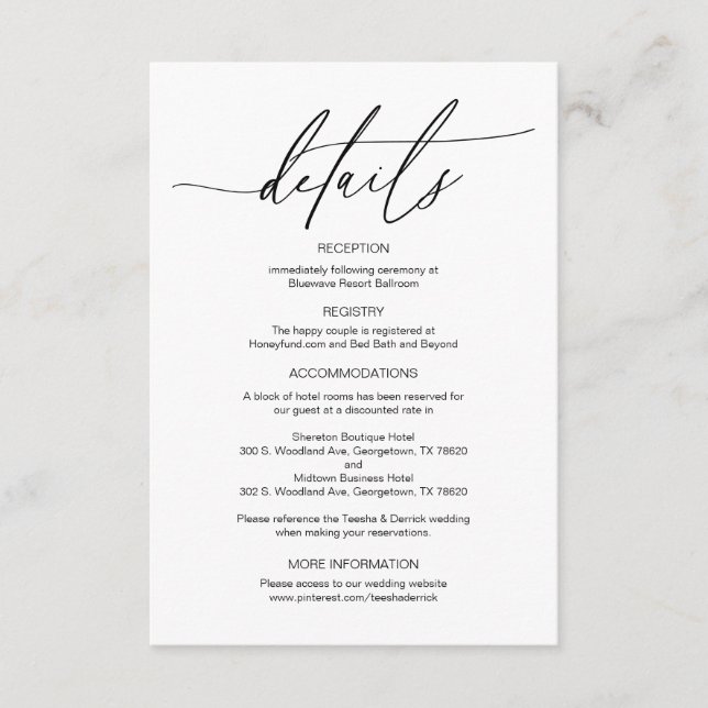 Modern Calligraphy, Wedding Details information  Enclosure Card (Front)