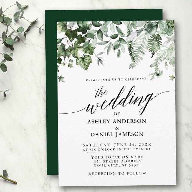 Modern Calligraphy Wedding Ivy Sage Greenery  Invitation (Customize to change your personalized text size, style or color of back of card.)