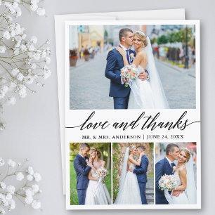 Modern Calligraphy Wedding Love Thanks 4 Photo Thank You Card