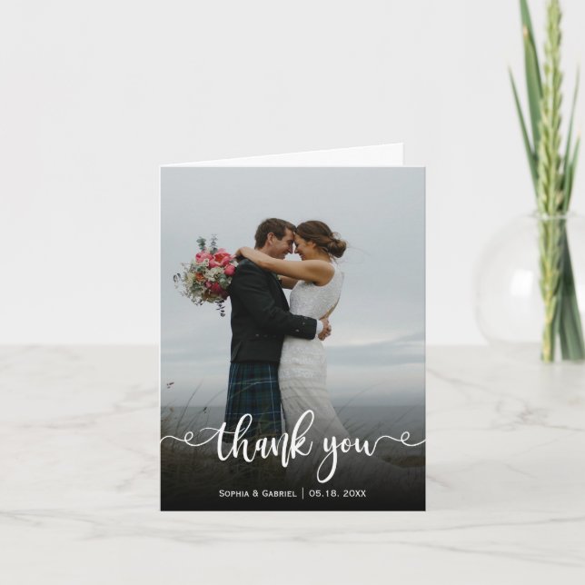 Modern Calligraphy Wedding Photo Thank You Card (Front)