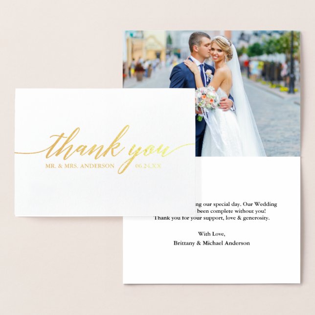 Modern Calligraphy Wedding Photo Thank You Gold Foil Card (Display)