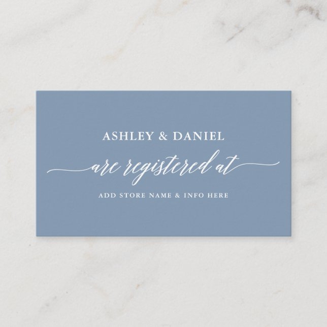 Modern Calligraphy Wedding Registry Dusty Blue Enclosure Card (Front)