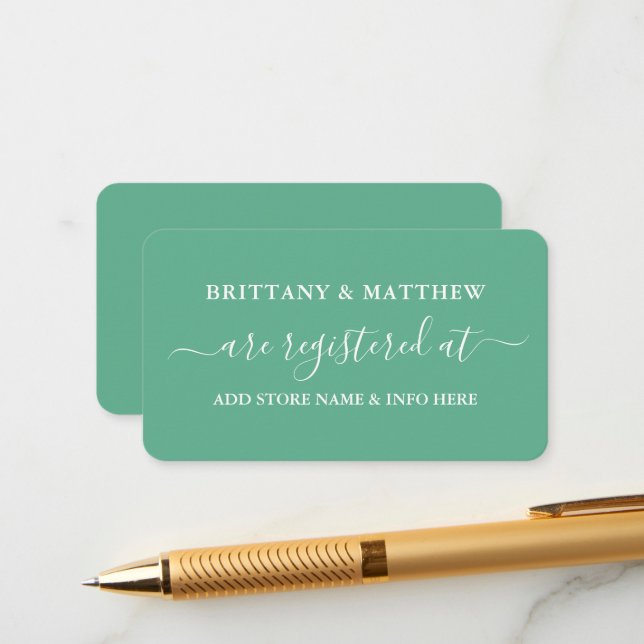 Modern Calligraphy Wedding Registry Mint Green Enclosure Card (Front/Back In Situ)