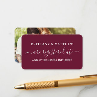 Modern Calligraphy Wedding Registry Photo Burgundy Enclosure Card