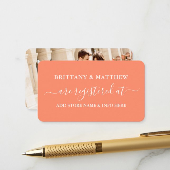 Modern Calligraphy Wedding Registry Photo Coral Enclosure Card (Front/Back In Situ)