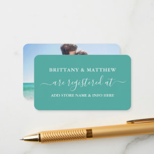Modern Calligraphy Wedding Registry Photo Teal Enclosure Card