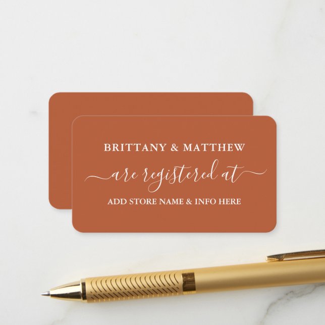 Modern Calligraphy Wedding Registry Terracotta Enclosure Card (Front/Back In Situ)