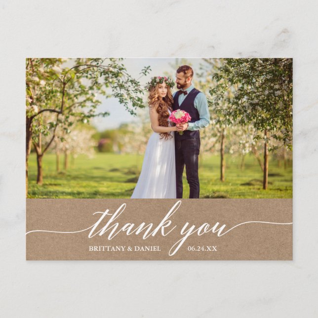 Modern Calligraphy Wedding Thank You Kraft Postcard (Front)