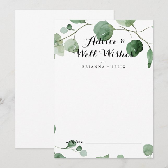 Modern Calligraphy Wedding Well Wishes Eucalyptus Advice Card (Front/Back)