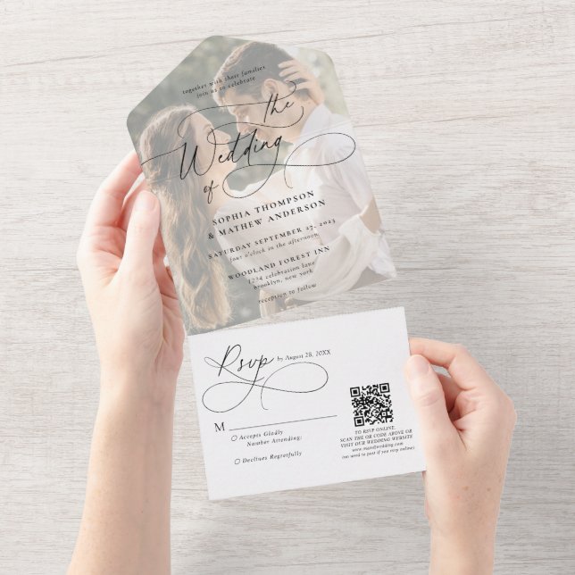 Modern Calligraphy White Photo QR Code Wedding All In One Invitation (Tearaway)