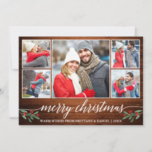 Modern Calligraphy Wood 5 Photo Merry Christmas Holiday Card