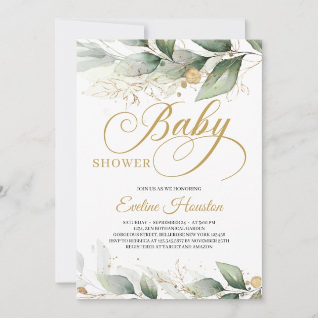 Modern callygraphy eucalyptus leaves baby shower invitation (Front)