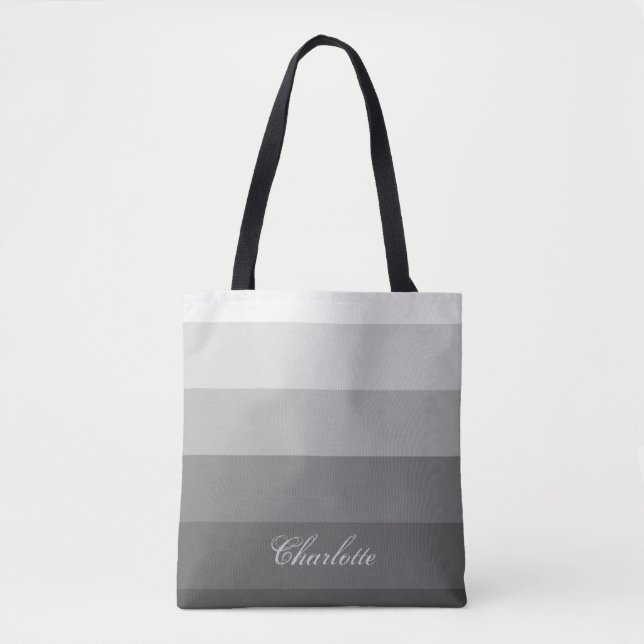 Modern Calm Gradient Grey Stripes Custom Name Tote Bag (Front)