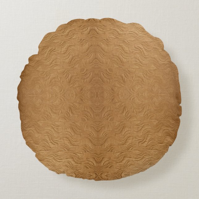 Modern Camel Brown Wavy Ripples Abstract Textured Round Pillow (Front)