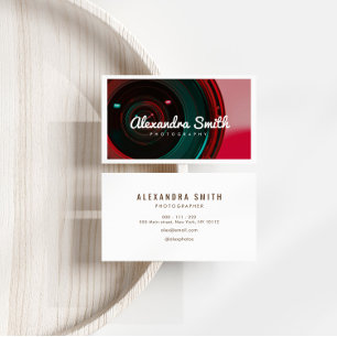 modern camera neon white script photography business card