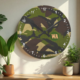 Modern Camouflage Clock, hunter monogrammed, Army Round Clock