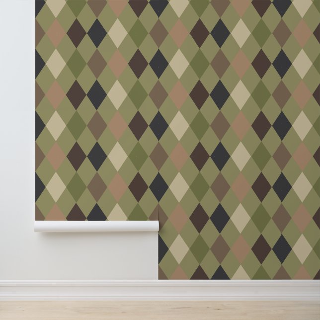 Modern Camouflage Green and Brown Diamond Pattern Wallpaper (Application)