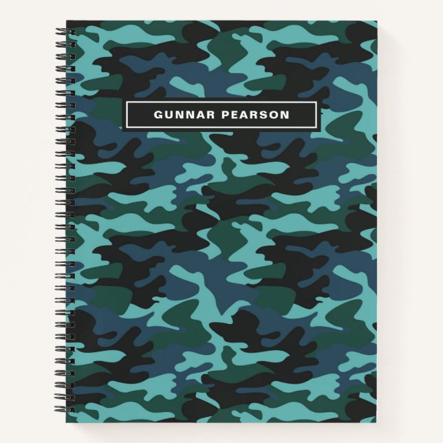 Modern Camouflage Pattern Name Blue Notebook (Front)