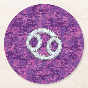 Modern Cancer Zodiac Symbol on Pink Digital Camo Round Paper Coaster