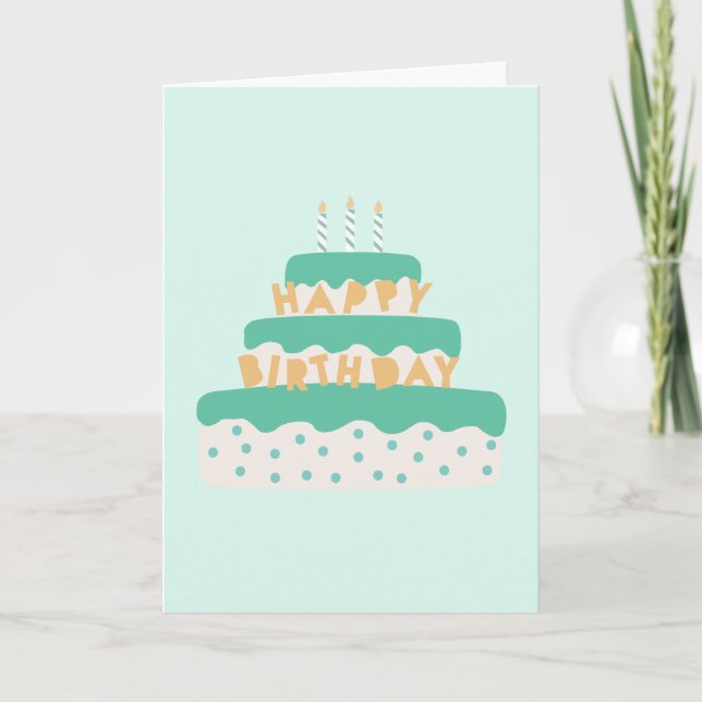 Modern Candle Birthday Cake Polka Dots Green Blue Card (Front)