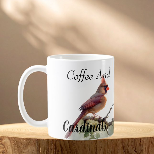 Modern Cardinal Couple Red Personalize Coffee Mug (Morning coffee and bird watching, Customize the wording)