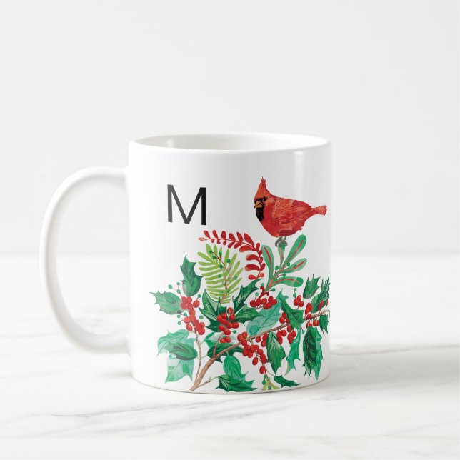 Modern Cardinal Holly Monogram Classic Mug, 11 oz Coffee Mug (Left)