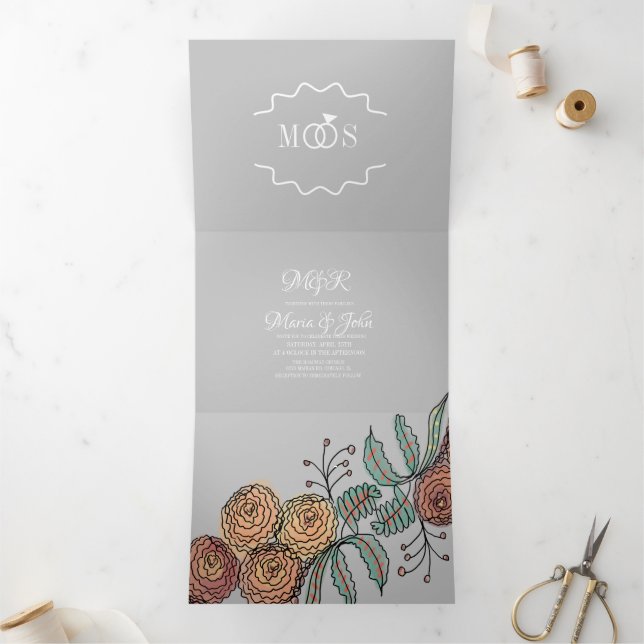 Modern Carnation Florals Botanical Ink Wedding Tri-Fold Invitation (Inside)